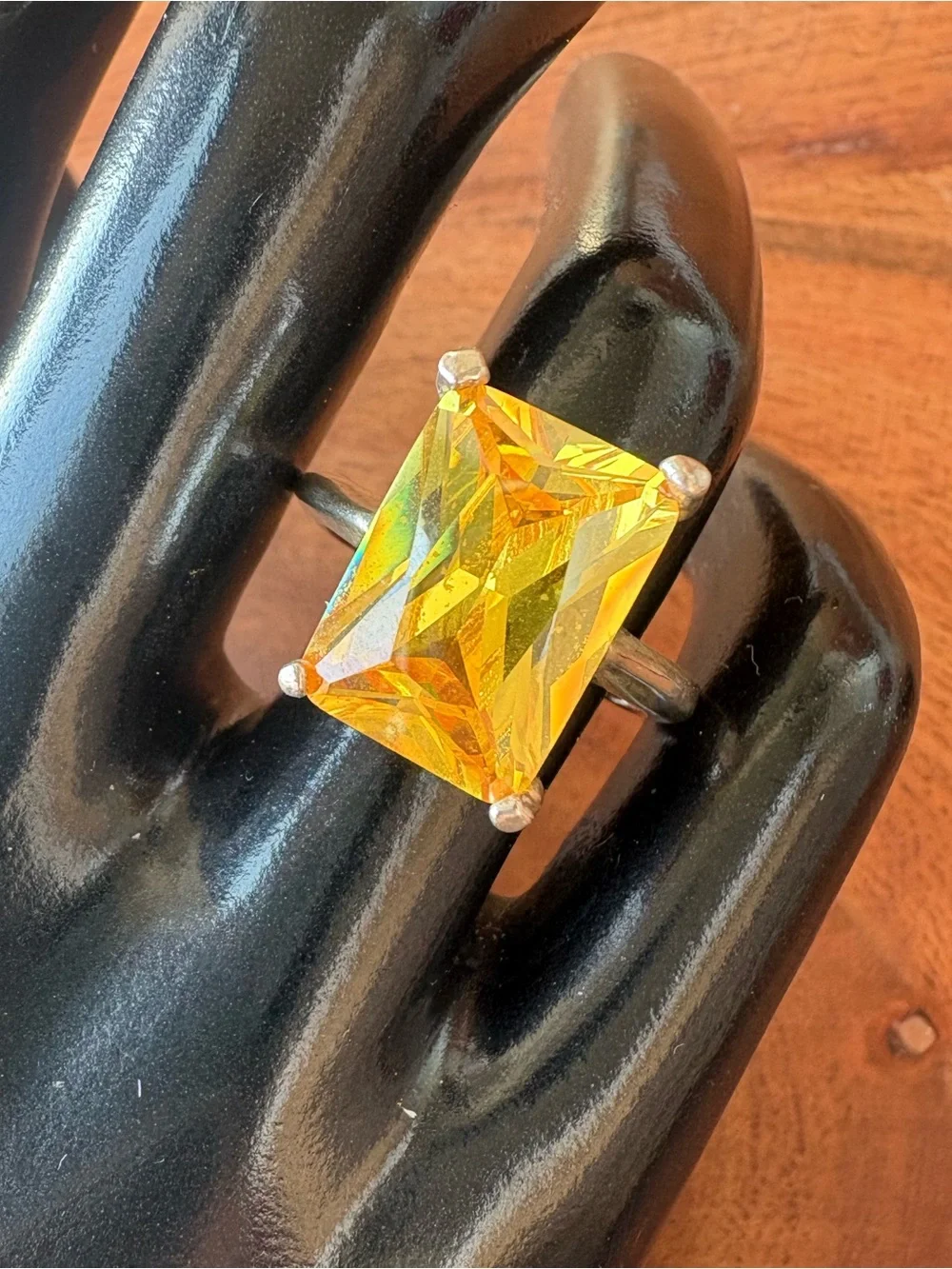 Vintage Yellow Crystal Cocktail Rectangle Ring - Size 7